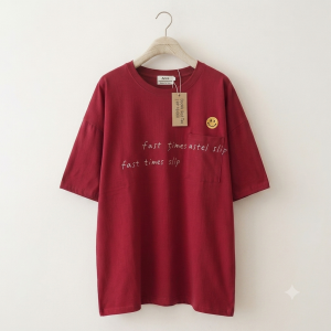 Doovk Kaos Merah Smiley kaos oversized merah Pakaian Wanita Kekinian Doovk